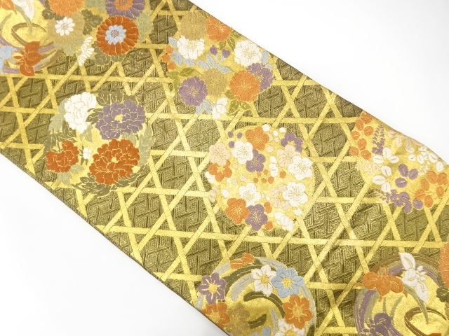 JAPANESE KIMONO / FUKURO OBI FOR FURISODE / SILK / WOVEN MESH & FLORAL ROUNDEL CREST